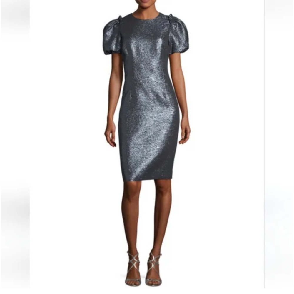 RICKIE FREEMAN FOR TERI JON Rickie Metallic Puff Sleeve Sheath Dress Size‎ 8